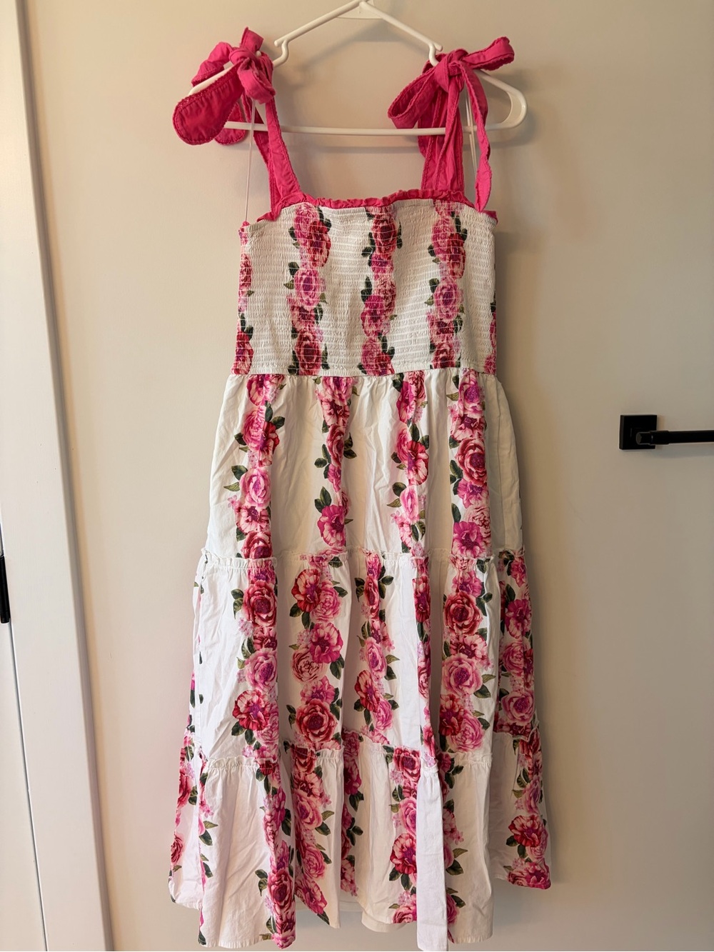 Francesca's Collections White Sundress with Pink Rose Print & Tie Shoulders